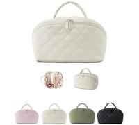 Travel Makeup Bag for Woman, Puffer Waterproof Cosmetic Organizer with Brush Compartment & Handle, Large Capacity Pouch Open Flat Small Toiletry Bag