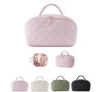 Travel Makeup Bag for Woman, Puffer Waterproof Cosmetic Organizer with Brush Compartment & Handle, Large Capacity Pouch Open Flat Small Toiletry Bag