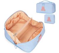 Travel Makeup Bag for Women, 2Pcs Portable Personalized Initial Makeup Organizer Bag, Open Flat Large Cosmetic Bag With Travel Essential Pouch (Blue Letter A)