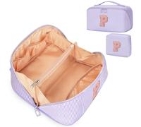 Travel Makeup Bag for Women, 2Pcs Portable Personalized Initial Makeup Organizer Bag, Open Flat Large Cosmetic Bag With Travel Essential Pouch (Purple Letter P)