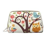 Travel Makeup Bag for Women Large Capacity Cosmetic Bags PU Leather Waterproof Toiletry Bag Cute Cartoon Owl Tree Flowers and Squirrel Makeup Pouch Portable Wide Open Make Up Organizer with Zipper,