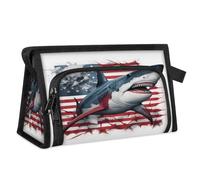 Travel Makeup Bag for Women Men American Flag Great White Shark Cosmetic Wash Pouch Bag Toiletry Toiletries Shower Bag Organizer