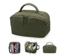 Travel Makeup Bag for Women Wide Open Lay-Flat Cosmetic Case Spacious 180° Open Cosmetic Organizer Festivalment Makeup Bag for Toiletries & Brushes Large Capacity with Compartments & Handle - Green