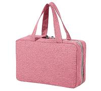 Travel Makeup Bag Hanging Waterproof Travel Bag with 2 PVC Compartments,Imitation Hemp Cationic Fabric,4 fFoldable Compartments Insides for Women & Girls,27cm x 18cm (Pink)