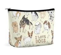 Travel Makeup Bag, Large Capacity Cute Doodle Pets Dog Light Yellow Cosmetic Bags for Women, Waterproof Portable Makeup Pouch with Zipper, Accessories Storage Bag