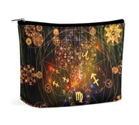 Travel Makeup Bag, Large Capacity Sacred Geometry Zodiac Symbol Magic Occult Cosmetic Bags for Women, Waterproof PU Leather Zipper Pouch, Portable Cosmetic Makeup Bag
