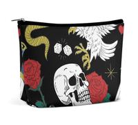 Travel Makeup Bag, Large Capacity Waterproof Cosmetic Bag, Portable Makeup Pouch with Zipper, Aesthetic Design Ladies Tote Bag, Vintage Rock Snake Knife Wild Eagle Rose Skull