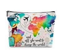 Travel Makeup Bag Linen Colourful World Map 25 x 18cm Toiletry Bag | Travel Wash Bag and Cosmetic Bag, Travel Gifts for Women with World Map Print, Small Pouch for Her Toiletries and Makeup
