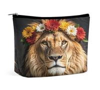 Travel Makeup Bag Portable Cosmetic Bags for Women African Lion Wearing A Flower on Its Head Make Up Bags Organizer With Zipper Waterproof Open Flat Toiletry Bag Cute Makeup Pouch for Travel Accessori
