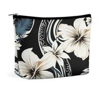 Travel Makeup Bag Portable Cosmetic Bags for Women Black And White Hawaiian Flowers Make Up Bags Organizer With Zipper Waterproof Open Flat Toiletry Bag Cute Makeup Pouch for Travel Accessories, Black