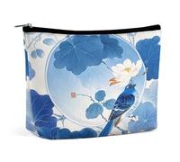 Travel Makeup Bag Portable Cosmetic Bags for Women Blue And White Chinese Style Flower And Bird Make Up Bags Organizer With Zipper Waterproof Open Flat Toiletry Bag Cute Makeup Pouch for Travel Access