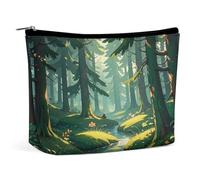 Travel Makeup Bag Portable Cosmetic Bags for Women Enchanted Wilderness Fantasy on Dark Green Make Up Bags Organizer With Zipper Waterproof Open Flat Toiletry Bag Cute Makeup Pouch for Travel Accesso