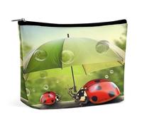 Travel Makeup Bag Portable Cosmetic Bags for Women Funny Ladybug Holding Umbrellas Make Up Bags Organizer With Zipper Waterproof Open Flat Toiletry Bag Cute Makeup Pouch for Travel Accessories