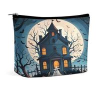 Travel Makeup Bag Portable Cosmetic Bags for Women Haunted House Tree Witch Halloween Make Up Bags Organizer With Zipper Waterproof Open Flat Toiletry Bag Cute Makeup Pouch for Travel Accessories