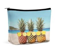 Travel Makeup Bag Portable Cosmetic Bags for Women Seaside Beach Yellow Geometric Pineapple Make Up Bags Organizer With Zipper Waterproof Open Flat Toiletry Bag Cute Makeup Pouch for Travel Accessorie