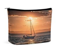 Travel Makeup Bag Portable Cosmetic Bags for Women Sunset Seascape Sailboat Floating Make Up Bags Organizer With Zipper Waterproof Open Flat Toiletry Bag Cute Makeup Pouch for Travel Accessories