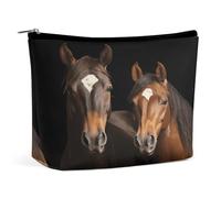 Travel Makeup Bag Portable Cosmetic Bags for Women Two Horses Standing on Black Background Make Up Bags Organizer With Zipper Waterproof Open Flat Toiletry Bag Cute Makeup Pouch for Travel Accessories