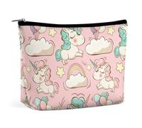 Travel Makeup Bag, Portable Waterproof Cosmetic Bag Clouds Rainbow Stars Magic Cute Unicorns Pink, PU Leather Large Capacity Makeup Pouch, Toiletry Bag with Zipper for Women