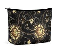 Travel Makeup Bag, Portable Waterproof Cosmetic Bag Mystical Magical Cosmic Astrology Sun Crescent Moon Stars Gold Black Art, PU Leather Large Capacity Makeup Pouch, Toiletry Bag with Zipper for Women