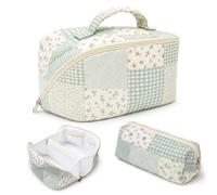 Travel Makeup Bag, Quilted Makeup Bag for Women, Floral Cotton Cosmetic Bag Set,Flat Lay Make Up Case, Large Toiletry Bag for Travel, School, Gift (Blue White)