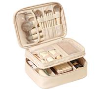 Travel Makeup Bag Small Cosmetic Bag with Makeup Brush Compartment Double Layer Makeup Organizer Bag with Handle Portable Toiletry Bag Makeup Pouch