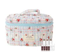 Travel Makeup Bag, Travel Makeup Bag, Quilted Floral Makeup Case, Portable Storage Bags, Makeup Organizer, Cosmetic Container for Camping in Hot, Red Flower Blue Checked, riferimento alla
