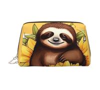 Travel Makeup Bag ,Waterproof Makeup Bag for Purse, Leather Toiletry Bag for Women Cosmetic Bag Organizer Cartoon sloth sitting on sunflower Makeup Pouch with Zipper Make Up Bags for Travelling, Gold