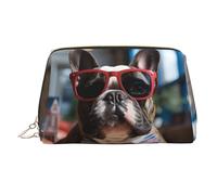 Travel Makeup Bag ,Waterproof Makeup Bag for Purse, Leather Toiletry Bag for Women Cosmetic Bag Organizer French Bulldog Wearing Sunglasses Makeup Pouch with Zipper Make Up Bags for Travelling, Gold