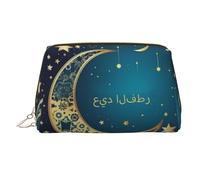 Travel Makeup Bag ,Waterproof Makeup Bag for Purse, Leather Toiletry Bag for Women Cosmetic Bag Organizer Eid al-Fitr crescent moon and stars Makeup Pouch with Zipper Make Up Bags for Travelling, Gold