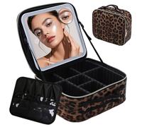 Travel Makeup Bag with 10X Magnifying Mirror, Large Capacity Cosmetic Organizer Vanity Travel Storage Case with Adjustable Compartments for Long Brushes & Palettes,3-Color Setting (Leopard Print)