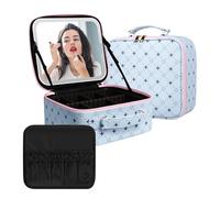 Travel Makeup Bag With 360° rotating LED Mirror,Waterproof cosmetic organizer,Portability Cosmetic case,Makeup organizer,Gift for Women,Girls Gift, Blue+Pink, 23CM*26CM*13CM, Fashion
