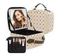 Travel Makeup Bag With 360° rotating LED Mirror,Waterproof cosmetic organizer,Portability Cosmetic case,Makeup organizer,Gift for Women,Girls Gift, Beige + Brown, 23CM*26CM*13CM, Fashion