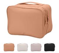 Travel Makeup Bag with Brush Compartment for Women Large Portable Make Up Case with Handle Double-Layer Water-Resistant Makeup Organizer for Ladies (Brown)