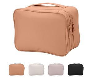 Travel Makeup Bag with Brush Compartment for Women Large Portable Make Up Case with Handle Double-Layer Water-Resistant Makeup Organizer for Ladies (Brown)