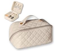 Travel Makeup Bag with Jewelry Organizer PU Leather Portable Toiletry Case for Women Stylish Design, Biege, Lightweight and Portable, This Multi-functional Organizer Fits Perfectly in Carry-ons Or