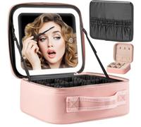 Travel Makeup Bag with LED Lighted Mirror, 3 Colour Adjustable Brightness Cosmetic Case, Waterproof Makeup Organiser Bag with Dividers, Gift for Women (Pink-30.8 * 24 * 10.2cm)