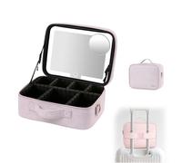 Travel Makeup Bag with LED Mirror 3 Colors Modes, Portable Makeup Organiser with Adjustable Dividers Compartment, Light Up Vanity Case, Magnetic High-Definition 5X Magnifier