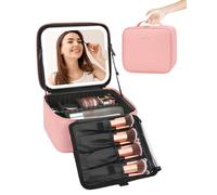 Travel Makeup Bag with LED Mirror-3 Colors Modes, Portable Makeup Organiser with Adjustable Dividers Compartment, Light Up Vanity Case, Makeup Storage for Women with Makeup Accessories,Pink