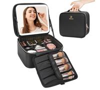 Travel Makeup Bag with LED Mirror-3 Colors Modes, Portable Makeup Organiser with Adjustable Dividers Compartment, Light Up Vanity Case, Makeup Storage for Women with Makeup Accessories