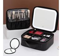 Travel Makeup Bag with LED Mirror-3 Colors Modes,Portable Waterproof Cosmetics Organizer with Adjustable Compartment,Makeup Storage with 10X Magnifying Mirror for Women