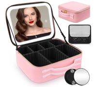 Travel Makeup Bag with LED Mirror, Cosmetic Organizer Case with Adjustable Compartments, Waterproof Makeup Bag with Mirror and Lights