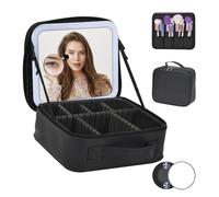 Travel Makeup Bag With LED Mirror,Cosmetic Train Case with 3 Color Setting,Cosmetic Makeup Organizer Bag with Adjustable Dividers,Portable Make up Box with Make up Brushes Holder Storage(Back)