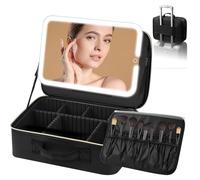 Travel Makeup Bag with LED Mirror,Large Travel Makeup Organizer with Removable Standing Mirror,Makeup Case with Lighted Mirror 3 Color Setting,Waterproof Makeup Box with Adjustable Dividers,Black