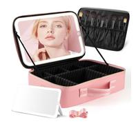 Travel Makeup Bag with LED Mirror,Large Travel Makeup Organizer with Removable Standing Mirror,Makeup Case with Lighted Mirror 3 Color Setting,Waterproof Makeup Box with Adjustable Dividers,Pink
