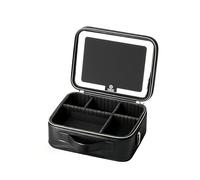 Travel Makeup Bag with LED Mirror, Portable Cosmetic Case Organizer with Lighted Mirror, Waterproof Makeup Case for Cosmetic Brush Holder Storage, Three-Colour Light Source，Black