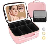 Travel Makeup Bag with LED Mirror,Travel Makeup Organizer,Makeup Case with Lighted 3 Color Setting,Waterproof Makeup Box with 10X Magnifying Mirror,Adjustable Dividers,Pink