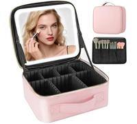 Travel Makeup Bag with Lighted Mirror, Adjustable Partition Makeup Travel Case, Adjustable Brightness in 3-Color Scene, Waterproof Makeup Train Case, Luminous Makeup Bag with Detachable Mirror, Pink