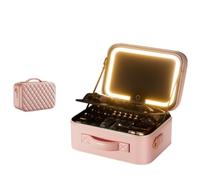 Travel Makeup Bag with Lighted Mirror, Large Capacity PU Leather Cosmetic Case with Adjustable Dividers, 3-Mode LED Dimmable Lighting (Pink, B25.5cm)
