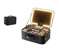 Travel Makeup Bag with Lighted Mirror, Large Capacity PU Leather Cosmetic Case with Adjustable Dividers, 3-Mode LED Dimmable Lighting (Black, A31.5cm)