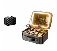 Travel Makeup Bag with Lighted Mirror, Large Capacity PU Leather Cosmetic Case with Adjustable Dividers, 3-Mode LED Dimmable Lighting (Black, B25.5cm)